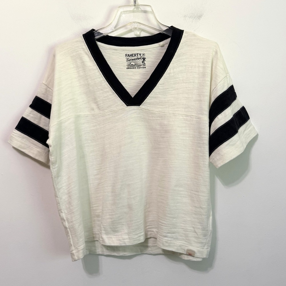 Faherty Sunwashed Slub Tee M Varsity V-Neck Organic Cotton Short Sleeve Shirt